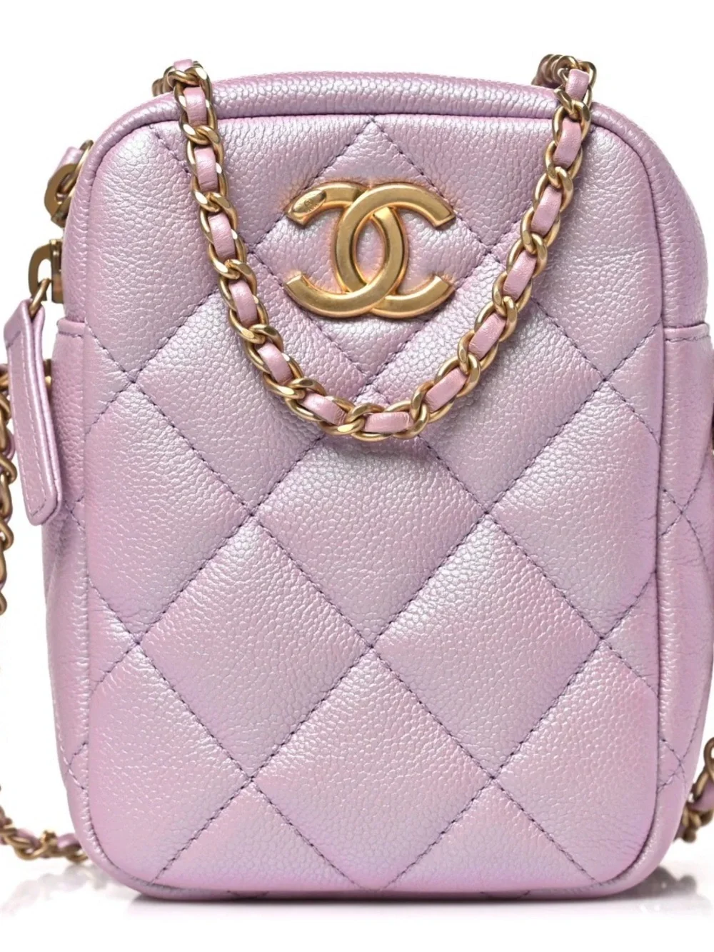 CHANEL 2023 SHIMMERING Pink Mauve Quilted Shoulder Bag with Gold Chain and CC